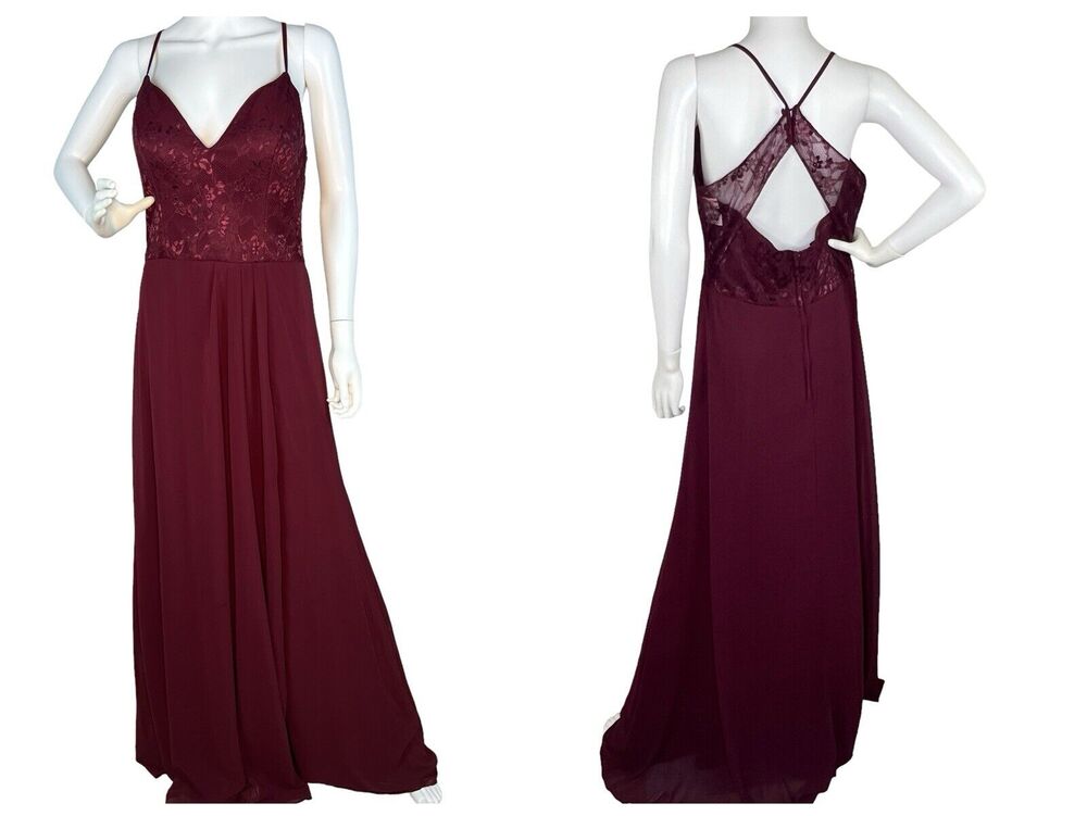 MORI LEE MADELINE GARDNER Size 12 Gown Maxi Dress Lace Chiffon Strappy Burgundy